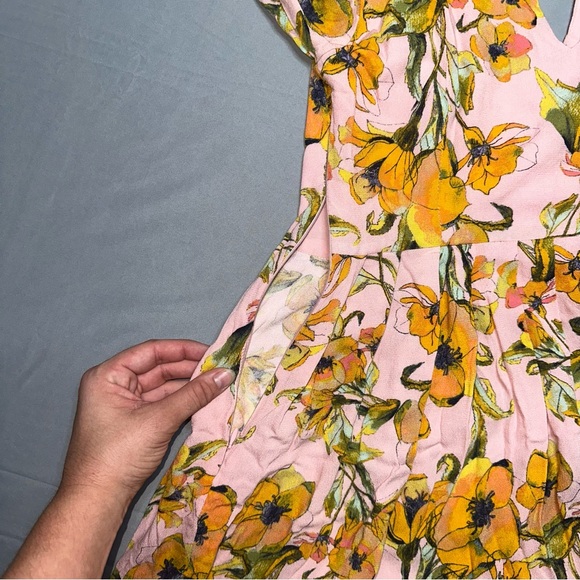 Free People Tegan Printed Floral Pleated Dress | Pink & Yellow | Size 6 - Picture 10 of 11